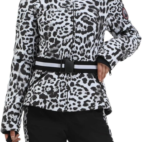 Leopard Print Fur Collar Hooded Ski Coat Jacket - Picture 2 of 8